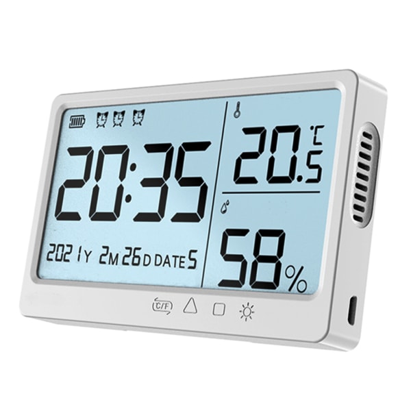 Termometer Hygrometer med klocka Stor LCD-skärm USB laddning för hemmakontor