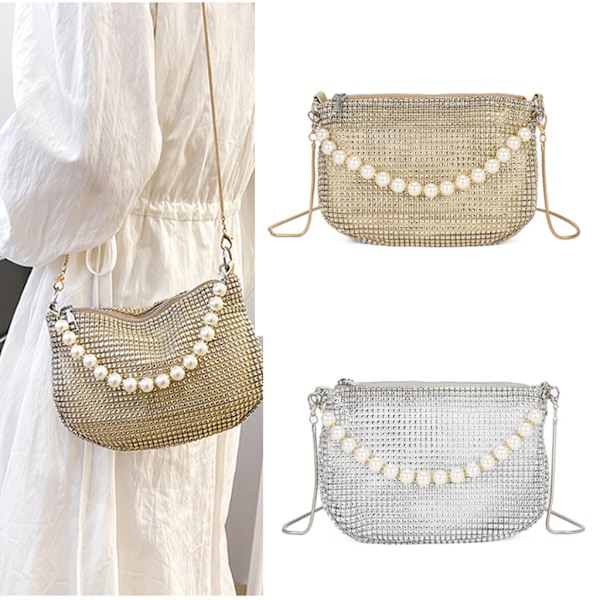Crossbody Taske Aftentaske Fest Banket Taske Rhinestone Pearl Håndtaske Gold