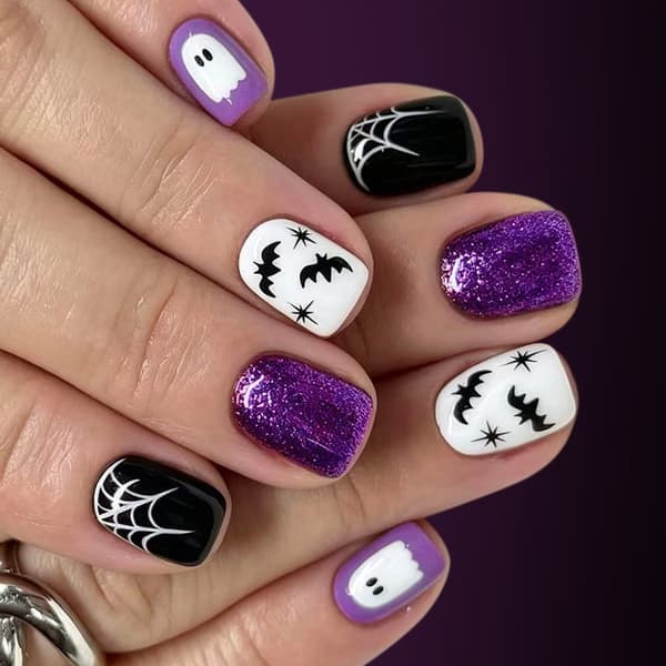 Gør-det-selv Halloween Press On Manicure Sæt, Lilla Accent Web Stil