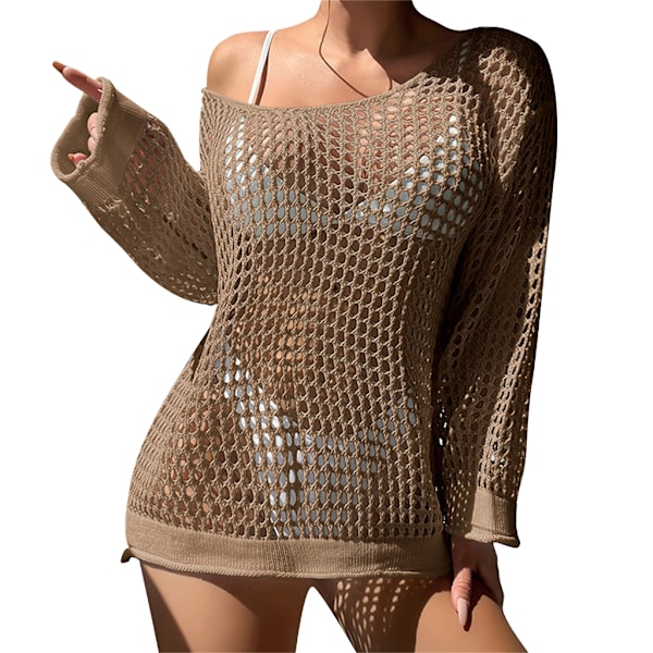 Kvinnors virkade sexiga långa mesh strandkläder täcker ihåliga ner sömn badkläder täcker Khaki