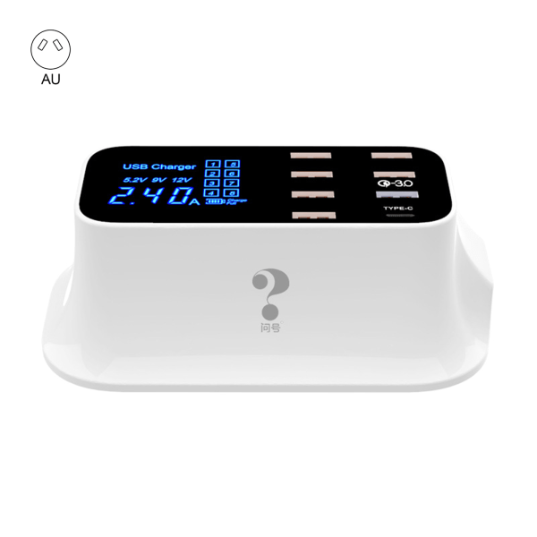 Mobiltelefon Nettbrett LED Digital Display Hurtigladestasjon Hub 8 Porter QC3.0 Type C USB-lader for smarttelefonadapter