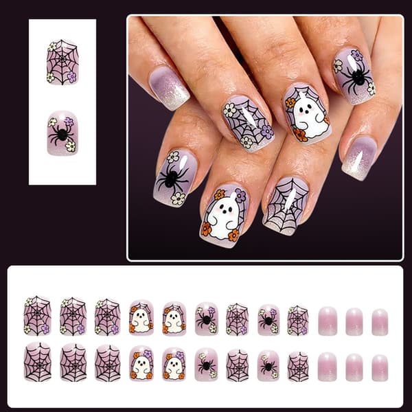 Web Flower Halloween Press On Manicure Sæt Lavendel Gradient