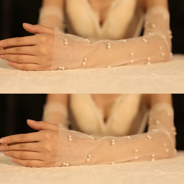 Kvinnor Bröllop Mesh Fingerless långa handskar imitation Pearl Beads Brud Arm Cover