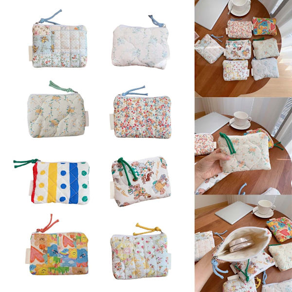 Quiltet makeuptaske Bomuldsmøntpung Sødt blomstermønster bærbar opbevaringstaske Light blue