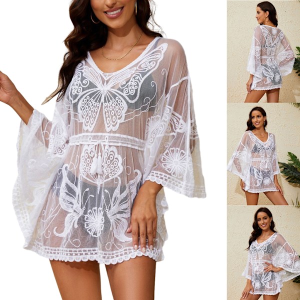 Kvinners Strandbadetøy Sexy Gjennomsiktig Sheer Mesh Kjole Badetøy Cover Ups White