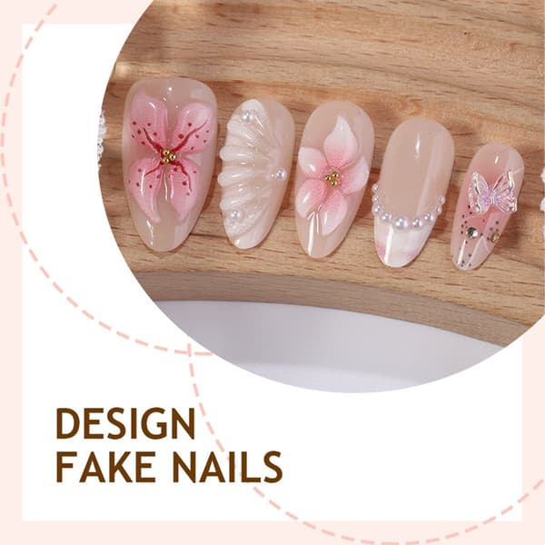 3D Blomster Press On Negle Med Sommerfugl Fransk Tip, 3D Blomster Perle Accent