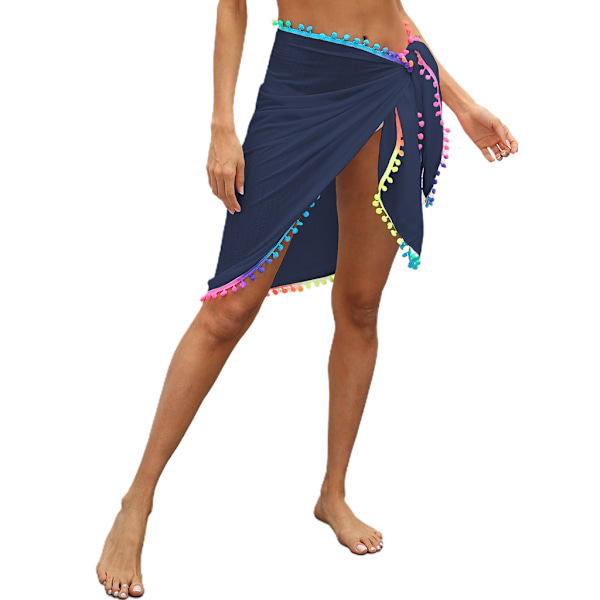 Kvinde Badetøj Bikini Cover Up Strand Sarong Regnbue Pompom Trim Binde Wrap Nederdel Blue