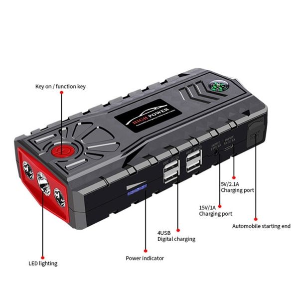 Car Jump Starter Power Bank Pack Portabel Auto Battery Booster Snabbladdare 12V Nödläge med LED-ljus Startenhet Standard Toolbox