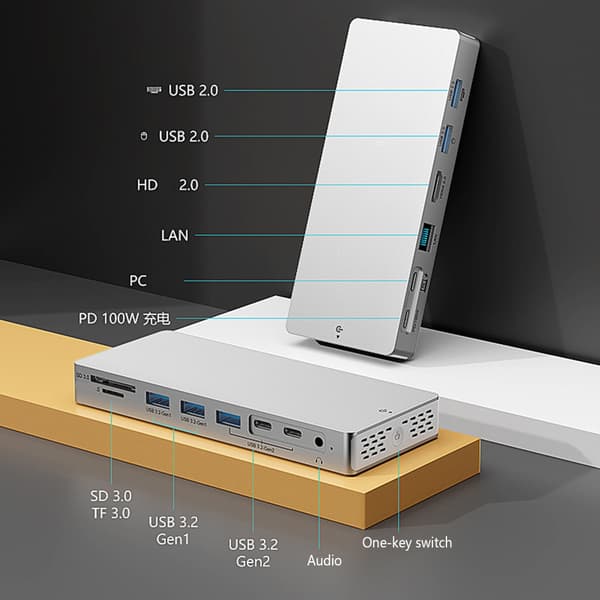 14-i-1 USB C Dock Aluminium 4K HDTV 10 Gbps USB 3.2 Gen2 100WPD til bærbar computer