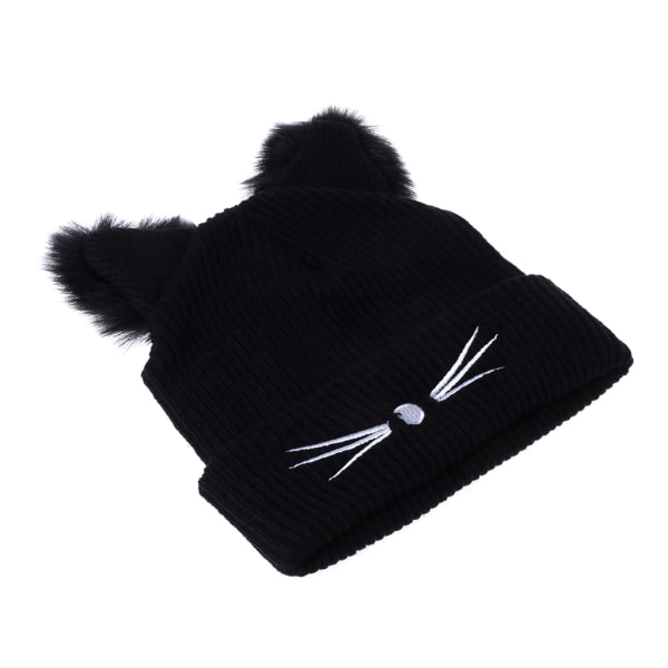 för katt öronpälsmössa dam broderad stickad mössa cap med svallpälskant Vintervarm hörselskydd för Cat Ea