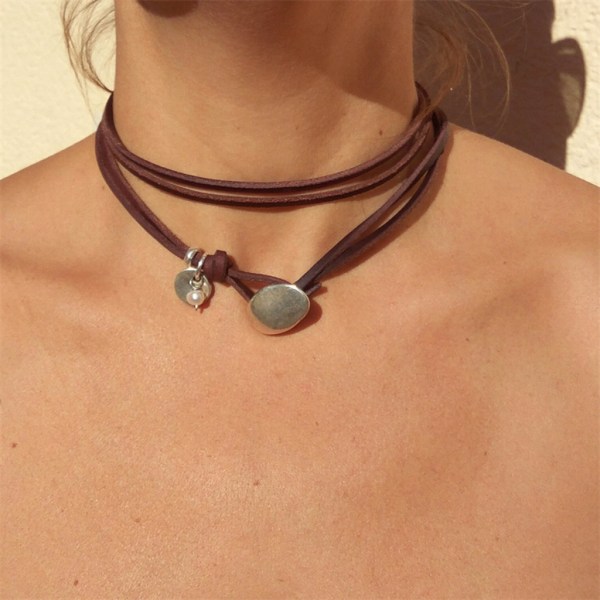Mode Boho hänge halsband Läder Choker halsband Smycken present för kvinnor null - B