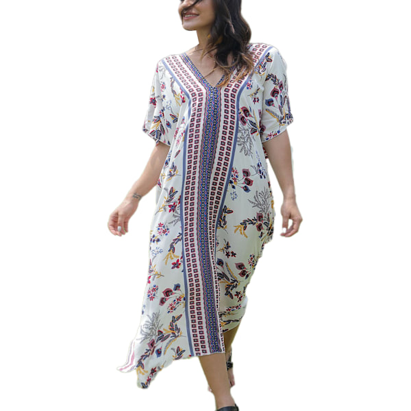 Kvinder Ferie Flagærme Tyrkisk Kaftan Boho Farverige Geometriske Blomstrede Trykte V-hals Badetøj Cover Up Oversized Løs Strand Maxi Kjole No 75 Red Flower