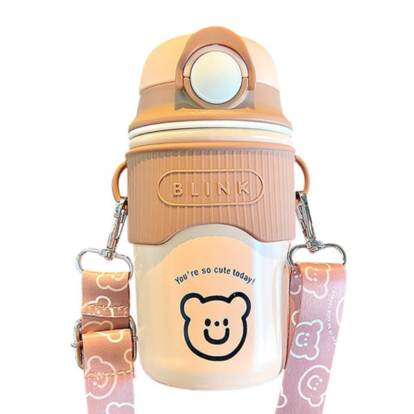 Söt isolerad vattenflaska med halmläckagesäker Kaffe Dryck Dryckeskopp Barn Termosflaska med stor kapacitet Pink