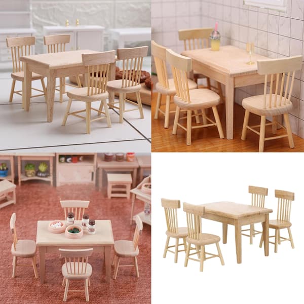 1/12 Skala Dockhus Möbler Set Plast Träbord och 4 Stolar 5-pack