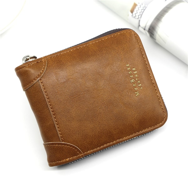 Menn Glidelås Lommebok Kort Mynt Veske PU Lær Change Pocket Cards Holder Light Brown