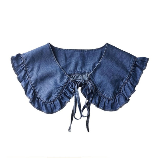 Kvinnor bomull tvättad denim blå falska krage halsband volang trim sjal Capelet