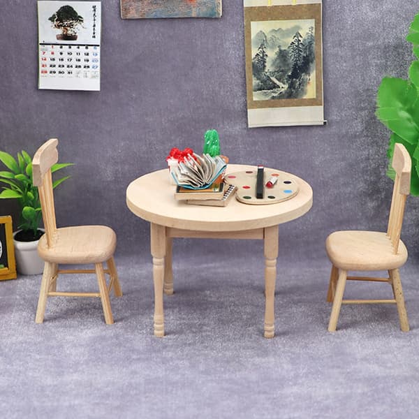 Miniature træbord- og stolmodel sæt til 1/12 dukkehusudstilling