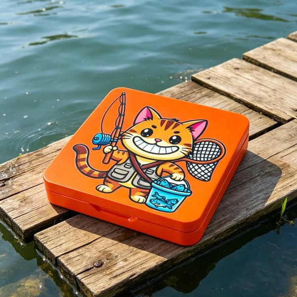 Rustfri agnbeholder med katteprint til fiskegrej