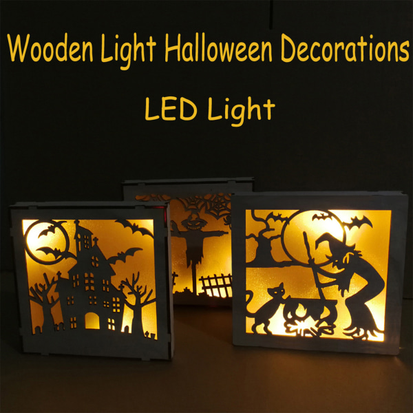Trä ihålig pumpa spökhus Halloween dekoration med LED ljus prydnadsföremål festtillbehör null - 1498