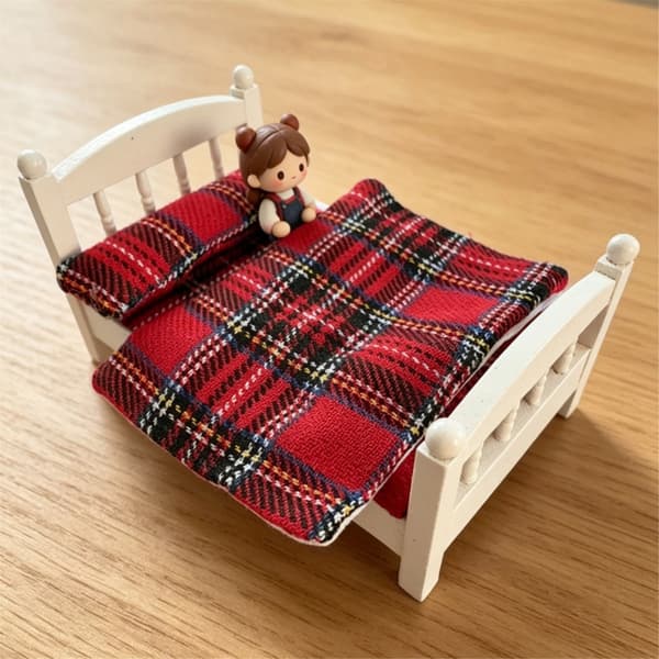 Trä enkelsäng med sängkläder miniatyrmöbler för 1/12 dockhus sovrum