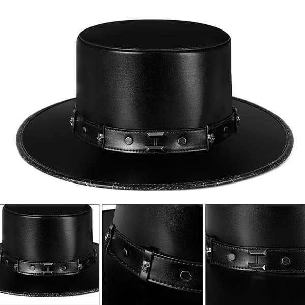 Steampunk Pestedoktorhat PU Læder Sort Flad Top Hat til Halloween Cosplay