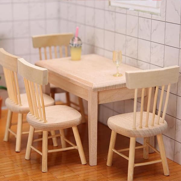 1/12 Skala Dockhus Möbler Set Plast Träbord och 4 Stolar 5-pack