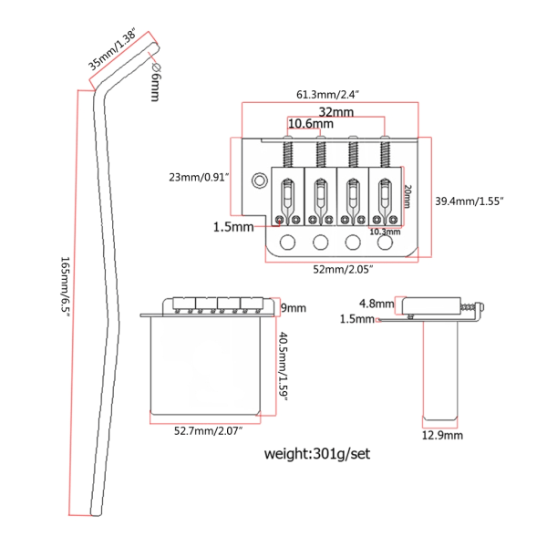 4-strengs gitar tremolo brosett med monteringsskruesett gitardeler
