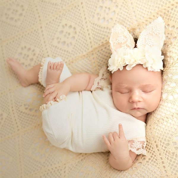 Baby Ärmlös jumpsuit Bunny Ear Pannband Nyfödd fotorekvisita Endelad spetsbyxa Hudvänlig outfit