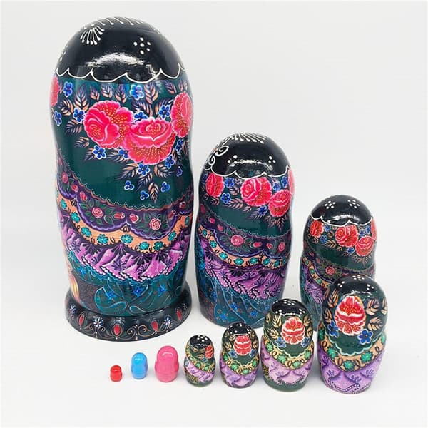 10-lagers ryska \"nesting dolls\" med lackerat mönster, träkonst, folklig Matryoshka