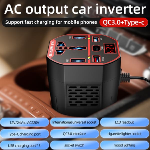 200W auton tehomuunnin, DC12V 24V - 220V autoadapteri LED-näytöllä