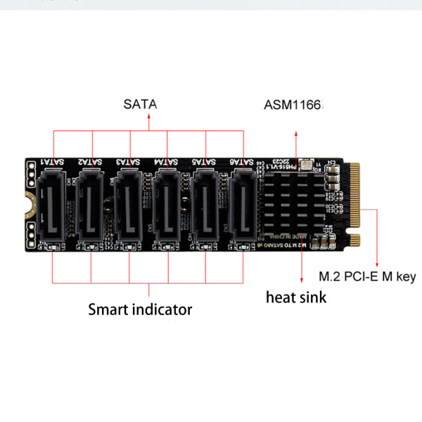 6-portar för M.2 Sata PCIE Riser Card M2 NVME till Sata 3.0 expansionskort ASM1166 6GB/S Adapter 6x SATA3.0 Riser Expansion