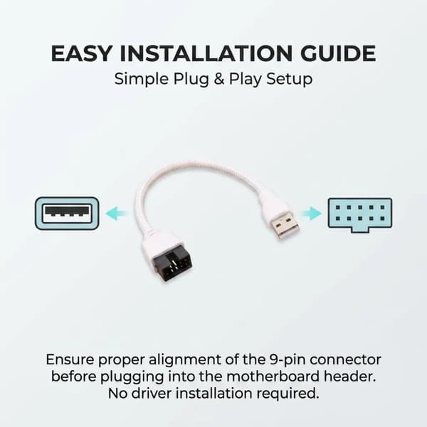 USB A Header-kabel, 20 cm 9-benet hvidt ærmetråd til stationær computer