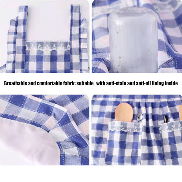 Blårutig Köksförkläde Med Armskydd Polyester Bomull Matlagning Arbetskläder