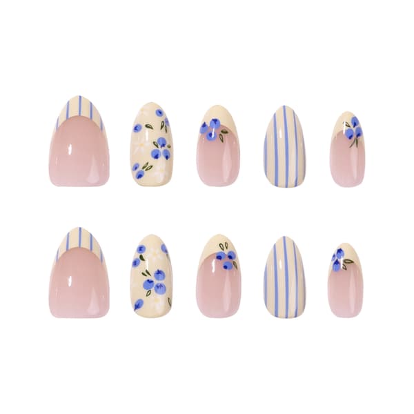 Multi Size Mandel Press On Manicure Sæt med Blå Hvid Blomsterlinje Design