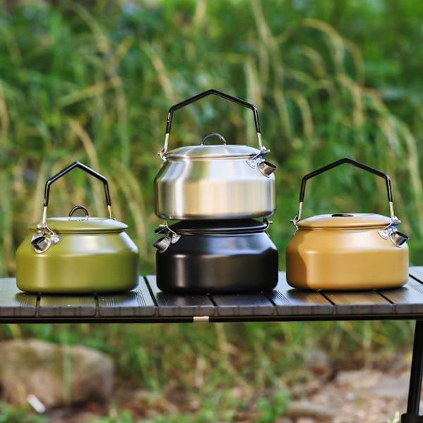 1L Camping Vattenkokare med Fällbart Handtag Snabb Uppvärmning Gas Tekanna Lätt ArmyGreen