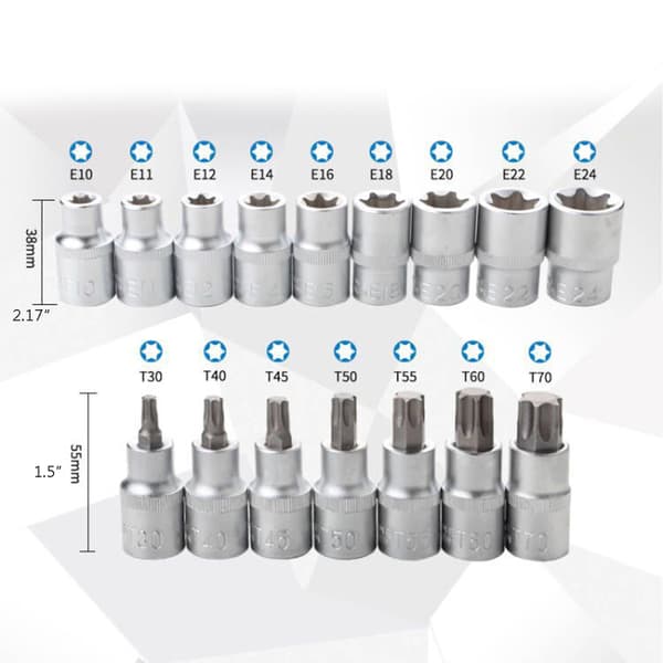 Torx Bit Socket Sett med Koffert E10-E24 T30-T70 16 stk Stål Star Bit Sett for
