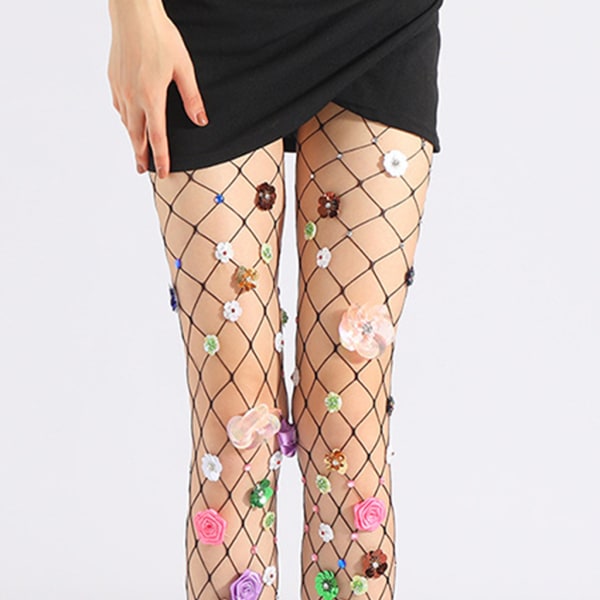 Kvinnor Glitter Paljetter Blomma Mesh Strumpbyxor Sexiga Hollow Out Fishnet Strumpbyxor Flerfärgad för strass smycken Nattklubbsstrumpor Underkläder