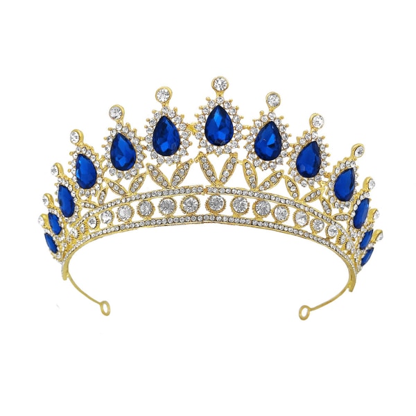 Brud Kristallbröllop Drottning Krona Tiara Guld Prinsessan Brudpannband Mode Blue
