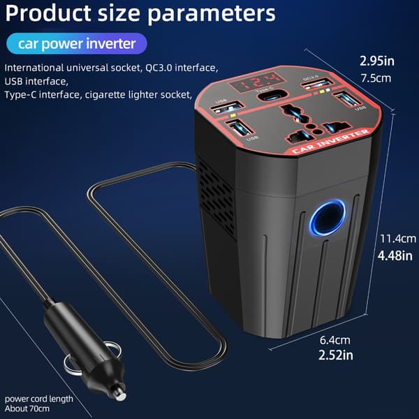 200W Bilstrømomformer, DC12V 24V til 220V Bilpropadapter LED-display