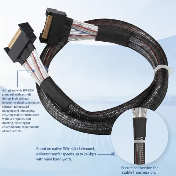 50 cm Mcio til Mcio SFF-8654 8I kabel med sort kappe til IT-udstyr