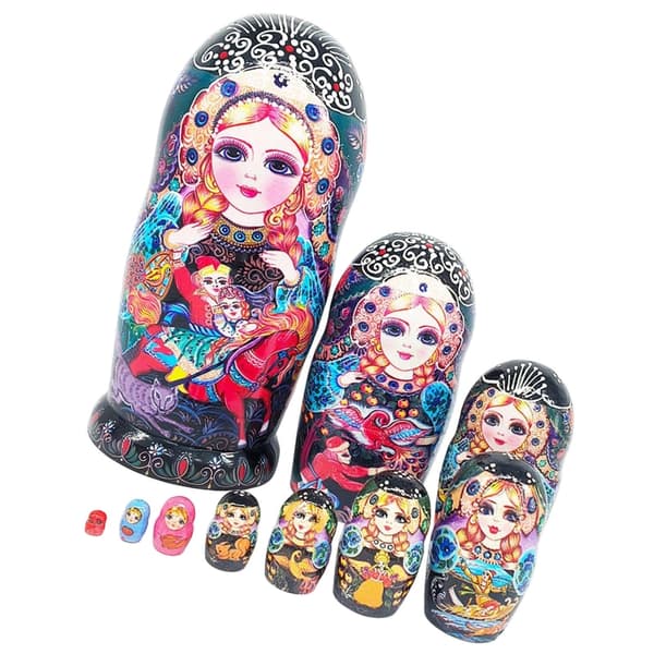10-lagers ryska \"nesting dolls\" med lackerat mönster, träkonst, folklig Matryoshka