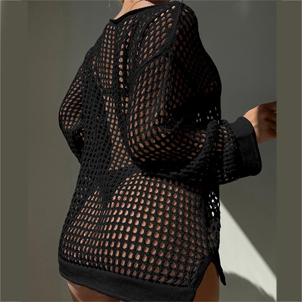 Kvinnors virkade sexiga långa mesh strandkläder täcker ihåliga ner sömn badkläder täcker Black
