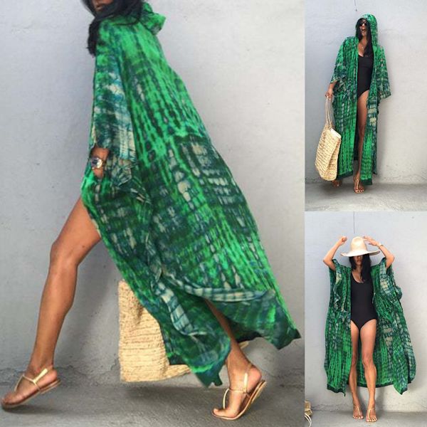 Bohemisk Tie-Dye Tryckt Kimono Cardigan med Luva Långärmad Öppen Framtill Baddräkt Överdrag Sido Split Robe Strandkläder med Fickor Green