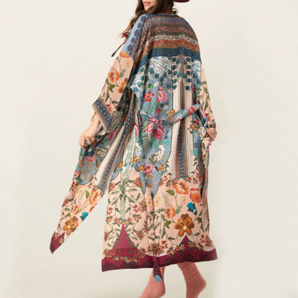Kvinnors strandbadkläder täck upp Boho blommigt tryckt öppen framsida Kimono kofta Lon