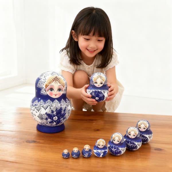 Traditionella ryska \"Nesting Dolls\" 10 st med blått och vitt porslinsmönster