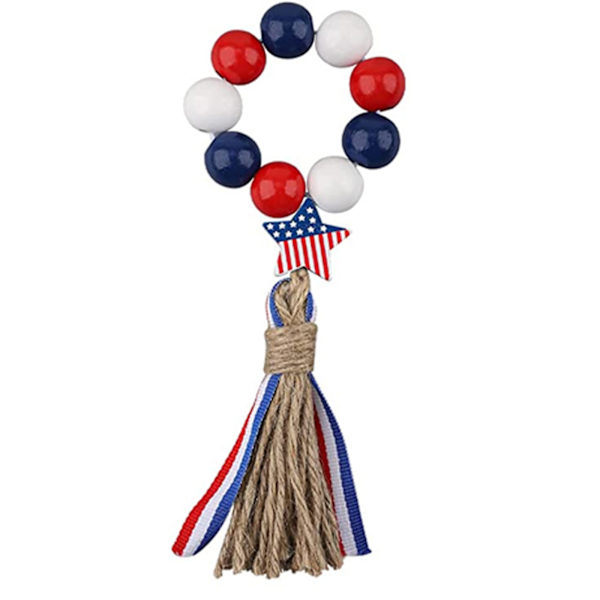 Patriotisk servietring Independence Day Wood Beads Servietter Holder Farmhouse Country servietringe med kvast
