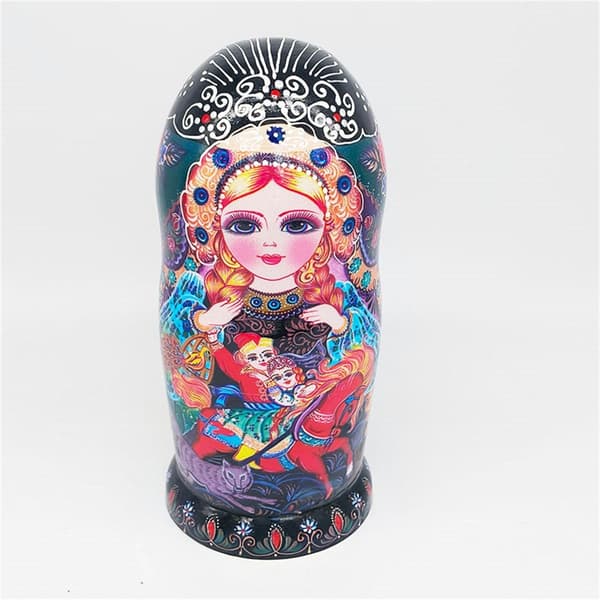10-lagers ryska \"nesting dolls\" med lackerat mönster, träkonst, folklig Matryoshka