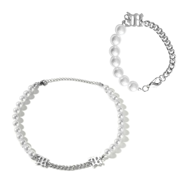 2 STK mote hvite perler metall choker armbånd halskjede smykkesett jenter