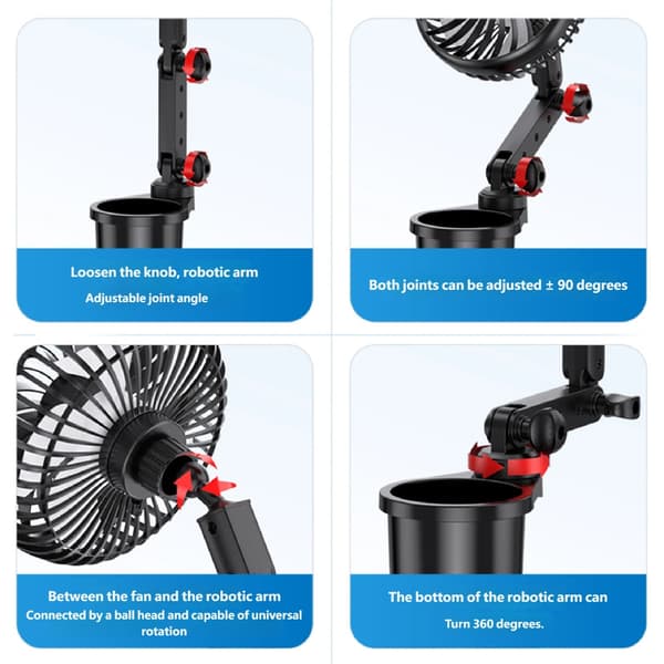 Roterende 3-trins USB-bilventilator med kopholderbase til SUV'er