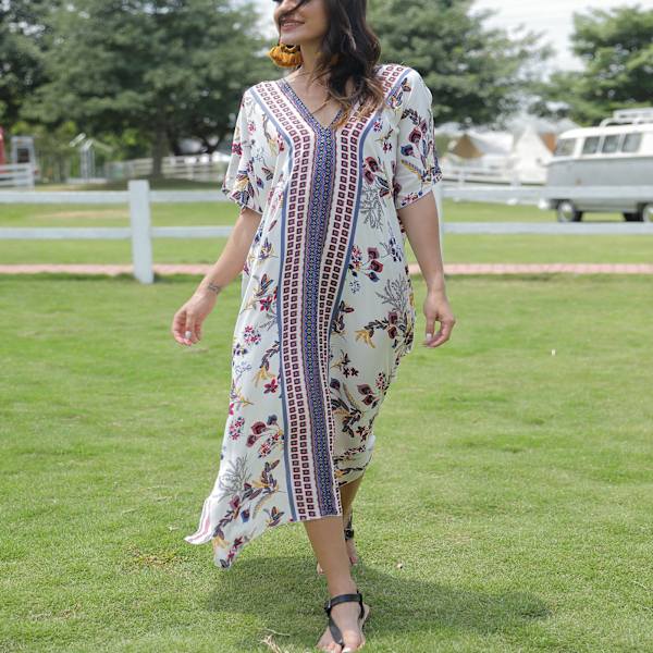Kvinder Ferie Flagærme Tyrkisk Kaftan Boho Farverige Geometriske Blomstrede Trykte V-hals Badetøj Cover Up Oversized Løs Strand Maxi Kjole No 75 Red Flower